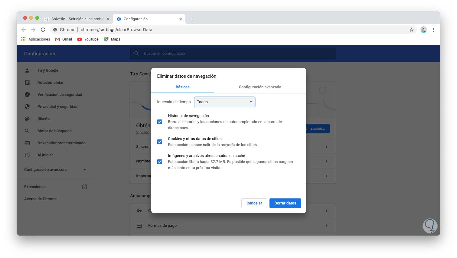 Soporte, eliminar cookies de google chrome